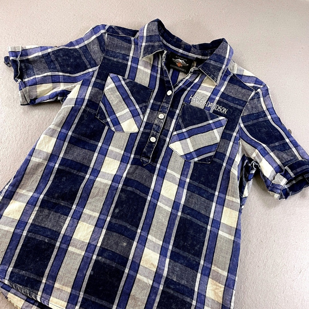 Harley Davidson Womens‎ Plaid Button Up Shirt Blue White Short Sleeve Size S